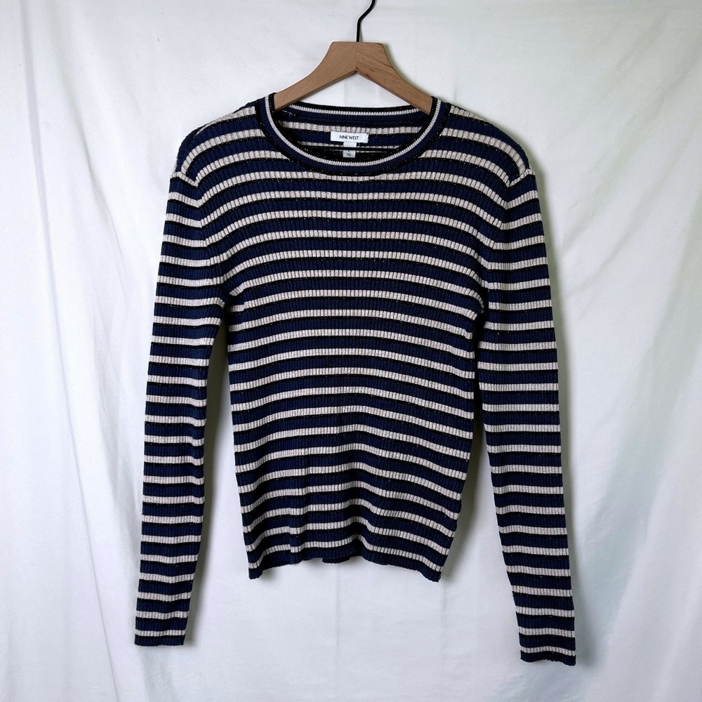 Nine West Women Sweater Blue Size L Striped Ribbed Knit Metallic Long Sleeve Y2K